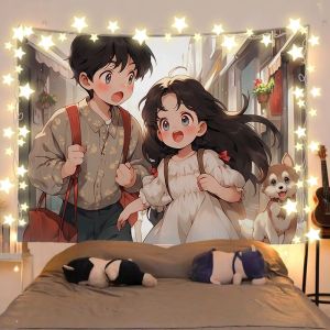 VIKAMA Little Bear Hair Decoration Campus Lovers Tapestry Cute anime Background Cloth Dormitory Decoration Tapestry Room Decor