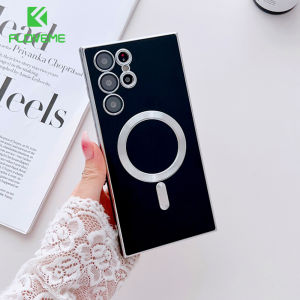FLOVEME Luxury Magsafe Plating Frame Phone Case For Samsung S23 S22 S21 Ultra S23+ S22+ S21+ Plus With Lens Film Protector Wireless Charging Soft Silicone Shockproof Back Cover For Samsung S23 S22 S21