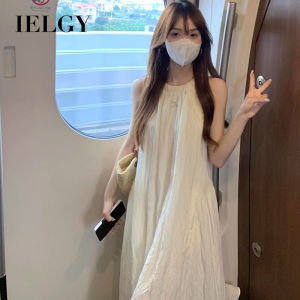 IELGY ชุดเดรสยาวผู้หญิงชุดมีสายคล้องคอสีขาวทรงหลวมวันหยุดชายหาด