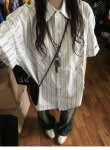 Japanese Retro Academy Style Striped Short-Sleeve Shirt Womens Loose K-style Casual Design Versatile Summer Outerwear