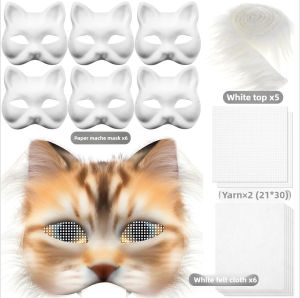 Therian Masks Craft Set with Blank Cat Mask Kuns Fur and Mesh DIY Furry Animal Masks for Carnival and Make-Up Cosplay Party