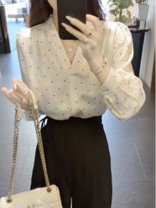 Acetate Satin Bubble Sleeve Polka Dot V Neck Shirt Women Early Autumn High End Korean Style Base Layer Top Commute Simple Style