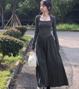 IELGY womens square neck long sleeve dress high waist slim bottoming dress