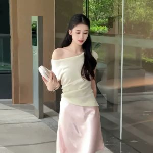 ZHILU | Áo Thun Knit Sơ Mi Trễ Vai Ôm Body Tay Ngắn Cho Mùa Hè