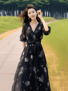 QFN | Elegant Hepburn Style Floral Chiffon Maxi Dress