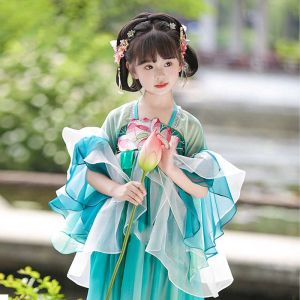 Princess Dress Childrens Hanfu Costume Stage Performance Beautiful Fairy Tale Girls Clothing Short Sleeve Silk Fabric