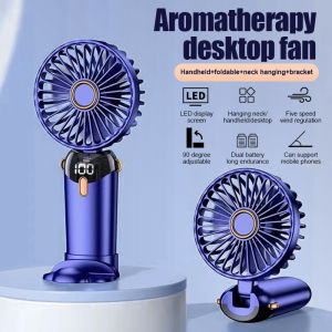 RLG Kipas Angin Mini USB Lipat Portable 12000 mAh 5-Speed Wind Kipas Genggam Leher Gantung Tampilan Digital Desktop Kipas Kecil Kipas Pengisi Daya USB Aromaterapi
