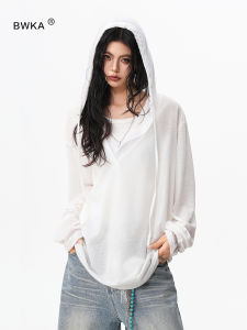 BWKA | Henley Hooded T-Shirt Casual Sport Long Sleeve  Slim Lightweight Semi-Transparent Summer
