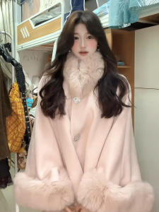Fujia Qianjin Pink Woolen Outwear Female Fall and Winter French Fancy Niche Style Gentle Cloak Woolen Coat