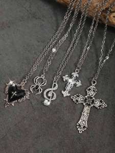 Bộ 5 Dây Chuyền Mặt Dây Chuyền Phong Cách Gothic Cổ Điển Đính Đá Giả Kim Cương Hình Chữ Thập Hoa Hồng Trái Tim Nốt Nhạc Nhện Thẩm Mỹ Y2K Dành Cho Nữ