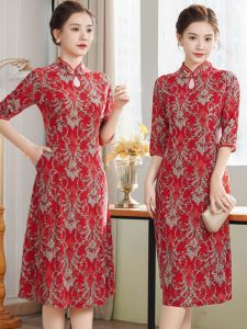 ฤดูร้อน แขนเสื้อบางmidi เดรสกระเป๋าเสื้อ กระโปรง ทันสมัย ปกตั้ง สําหรับ วัยกลางคนและผู้สูงอายุ ผู้หญิง