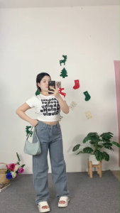 ชุดเซ็ตสุดชิค เสื้อพิมพ์ลาย+กางเกงยีนส์ทรงตรง แฟชั่นเริ่ด