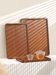 [SG Ready Stock]Ebony Rectangular Wooden Tray Japanese Style with Golden Metal Handle for Water Cup Fruit Food Bread Sundries Serving Tray Household Organizer