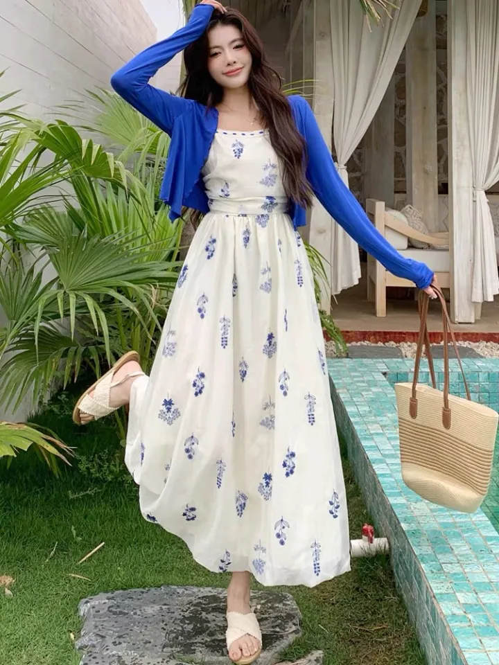 Stunning Two-Piece Summer Outfit Elegant Ladylike Strapless Dress Cardigan  Set High Waist A-Line Long Skirt Polyester Fabric