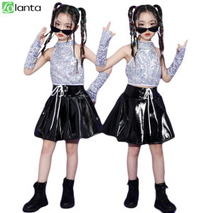 LOlanta 4-14 Years Sequin Dance Costume for Kids Girl Sleeveless Vest Top with Cuff Black Leather Skirt Glitter Outfit Children Students Hip-hop Jazz Modern Street Dance Clothes Lo Lanta - Lazada