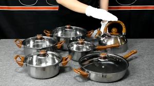 Panci Set Kayu 12Pcs Stainles Steel | Cookware Set Gagang Moti Kayu Tutup Kaca + Teko MURAH