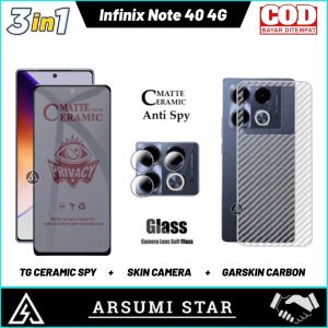 Paket 3in1Tempered Glass Ceramic Matte Anti Spy INFINIX NOTE 40 4G Anti Gores Pelindung Layar Ceramic Matte Anti Spy + Skin Camera + Garskin Carbon 3D