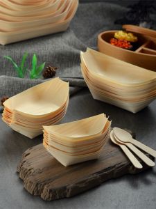Disposable Mini Wooden Boat 50pcs Sushi Dim Sum Plate Creative Tableware Small Wood Canoe Decoration for Kitchen Cooking