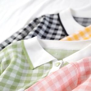 Áo Len Mongtoghi Dệt Kim Cộc Tay Họa Tiết Ô Vuông Có Nút Mở Khuy - LCXA168