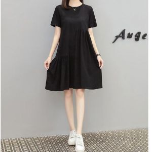 Cỡ Lớn Mùa Hè Mới Nữ Đầm Rộng Rãi Phong Cách Hàn Quốc Vỏ Bọc Bụng Nối Tay Ngắn Bất Đối Xứng Thon Gọn Váy