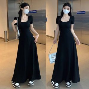 French Hepburn Style Black Bodycon Dress Women Summer High-End Slimming Short Sleeve T-Shirt Long Dress Elegant Waist-Cinching
