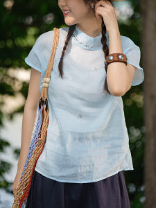 XIAOER | Intricate Bead Embroidery Flutter Sleeve 100% Ramie T-shirt
