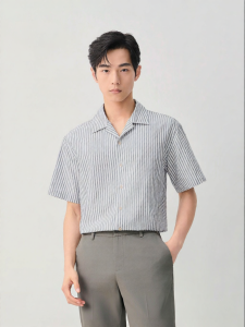 Cuban Collar Stripe Bubble Gauze Mens Casual Short Sleeve Shirt