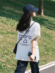 White Cotton Short Sleeve Womens T-shirt Loose Fit Summer Style Korean Version Printed Slimming Top Half Sleeve Tee