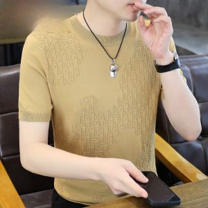 HENGYUANXIANG | Hengyuanxiang Mens Short Sleeve T-Shirt Ice Silk Cool Feeling Knitted Pure Color Embroidery Summer New Style Fashion City Basic Youth
