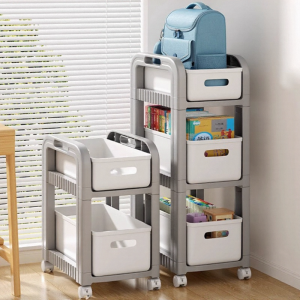 ตู้เสื้อผ้าแบบเคลื่อนที่หลายชั้นสำหรับใส่หนังสือพร้อมล้อ เครื่องมือจัดระเบียบสำหรับบ้าน วัสดุพลาสติก ติดตั้งแบบตั้งได้ ที่วางหนังสือ