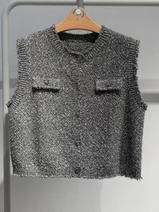 MM25 Autumn New Sleeveless High Waist Loose Knitted Vest Womens Fashion Style round Neck Short Length Pure Color Button Closure