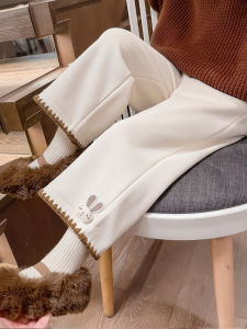 กางเกงขายาวทรงหลวมเอวสูงสำหรับเด็กผู้หญิง ฤดูใบไม้ผลิและฤดูใบไม้ร่วง กางเกงขายาวทรงตรงบุขนแกะสำหรับเด็กผู้หญิง เอวสูง ทรงหลวม ความยาวปกติ