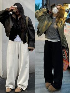 White Fleece Lined Straight Leg Sweatpants Womens Casual Trousers Korean Style Slimming Black Pants Spring Autumn New Arrival