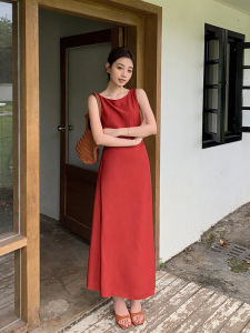 ชุดเดรสแขนกุดสีแดงสไตล์วินเทจฝรั่งเศส กระโปรงทรงเอเอวสูง กระโปรงสั้น ชุดเดรสแขนกุดฤดูใบไม้ร่วงสำหรับผู้หญิง