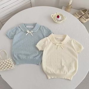 18M-7Y Kids T-shirt 2026 New Summer Hollow-out Ventilate Children Clothes Cute Bow Girls Knitted Tee