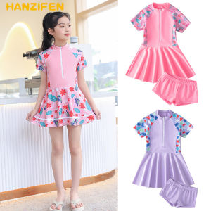 Girls Swimwear Set 7-14 Years Floral Print Short Sleeve Zip Up Swimsuit Two Piece