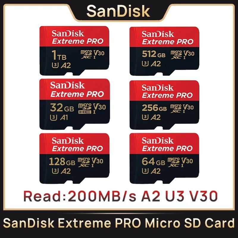 Sandisk Extreme Pro Micro SD 200 MB/s C10 U3 V30 A2 4K 2TB 256G 1TB Memory Card UHS-I Micro SD TF Card For DJI Camera