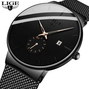 LIGE Watches For Men Fashion Sports Thin Wrist Watch With Calendar Mesh Steel Waterproof Watches Women Quartz Clock + Free Box