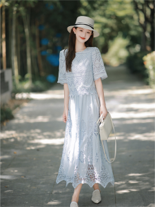 QFN | Sweet And Fresh Lace Blue Two-piece Dress