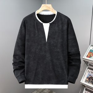 เสื้อสเวตเตอร์คอกลมแขนยาวสไตล์ลำลองสำหรับผู้ชายไซส์ใหญ่ ทรงหลวม เสื้อเชิ้ตแบบสองชิ้นปลอม ดีไซน์ลาย Tie Dye แฟชั่นฤดูใบไม้ร่วง