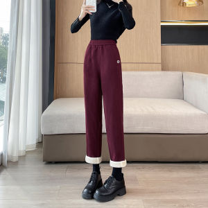 กางเกงขายาวทรงหลวมเอวสูงบุขนแกะ 9 ฟุตสำหรับผู้หญิงในฤดูใบไม้ร่วงและฤดูหนาว กางเกงขายาวทรงหลวมสำหรับผู้หญิงไซส์ใหญ่ กางเกงขายาวทรงหลวมแบบลำลอง