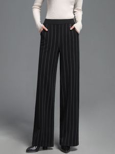 กางเกงขายาวทรงตรงลายทางสีดำ ทรงหลวม ยืดหยุ่น สำหรับคุณแม่ ฤดูใบไม้ผลิและฤดูใบไม้ร่วง แฟชั่นผู้หญิง