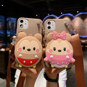 Oppo A5 A9 2020 A16 A53 2020 A57 2022 4G A74 A95 A77 2022 5G A77 F11 Pro cartoon brown long strap storage bag case