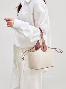 Artistic Style Bobbin Small Cowhide Linen Basket Bag Handheld Water Bucket Bag Craftsmanship Leather Vegetable Fiber Tote Bag