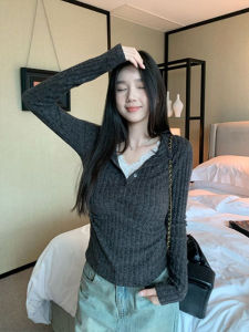 Korean Style Lace Splice Fake Two-Piece Long Sleeve V-Neck Commute Top Womens Slim Fit T-Shirt Autumn New Arrival