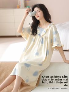 MiiOW | Váy ngủ cotton nguyên chất mùa hè cho nữ tay ngắn dài vừa phải mặc nhà thoải mái thoáng khí quần áo ngủ