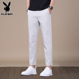 กางเกงลำลองชายทรงสลิมฟิตสีเทาอ่อน ทรงเก้าส่วน ทรงขากระบอกเล็ก กางเกงขายาวฤดูร้อน แฟชั่นอเนกประสงค์ กางเกงขายาวผ้าฝ้ายผสมโพลีเอสเตอร์