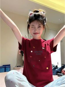 American Style Wine Red Cartoon Print round Neck Short Sleeve T-Shirt Women Summer Slim Fit Versatile Casual Top Cotton