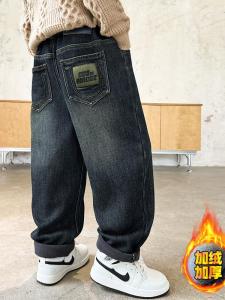 Thickened Fleece Lined Winter Denim Jeans for Boys Autumn Winter Style Elastic Waist Casual Long Trousers Warm Trendy Kids Clothing