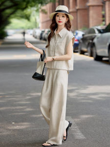 OUCAO | Linen Casual Set Sleeveless Shirt Trousers 2 Pieces